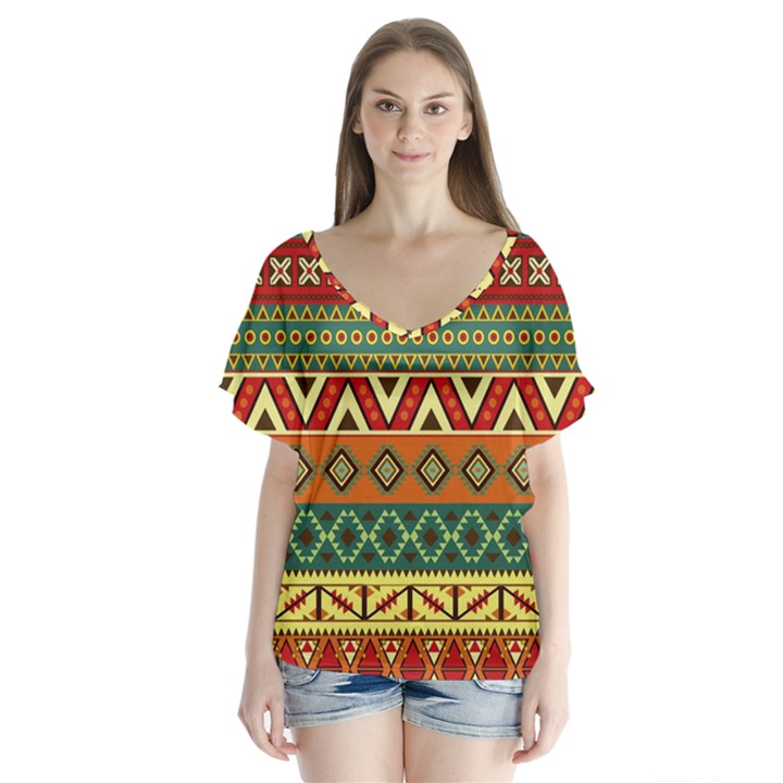 Mexican Folk Art Patterns Flutter Sleeve Top