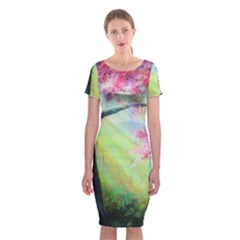 Forests Stunning Glimmer Paintings Sunlight Blooms Plants Love Seasons Traditional Art Flowers Sunsh Classic Short Sleeve Midi Dress