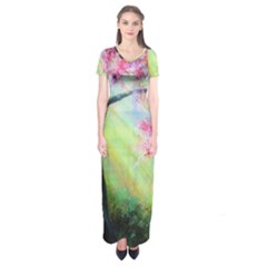 Forests Stunning Glimmer Paintings Sunlight Blooms Plants Love Seasons Traditional Art Flowers Sunsh Short Sleeve Maxi Dress