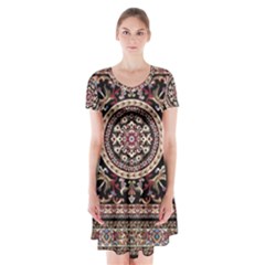 Vectorized Traditional Rug Style Of Traditional Patterns Short Sleeve V-neck Flare Dress