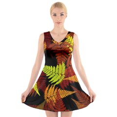 3d Red Abstract Fern Leaf Pattern V-neck Sleeveless Skater Dress by Amaryn4rt