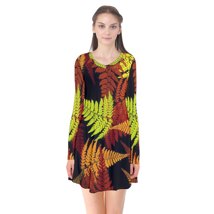 3d Red Abstract Fern Leaf Pattern Flare Dress