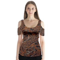 Art Traditional Indonesian Batik Pattern Butterfly Sleeve Cutout Tee 