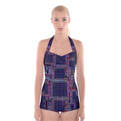 Technology Circuit Board Layout Pattern Boyleg Halter Swimsuit 