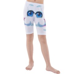 Cute White Cat Blue Eyes Face Kids  Mid Length Swim Shorts by Amaryn4rt