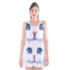 Cute White Cat Blue Eyes Face Scoop Neck Skater Dress by Amaryn4rt