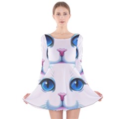 Cute White Cat Blue Eyes Face Long Sleeve Velvet Skater Dress by Amaryn4rt