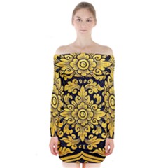 Flower Pattern In Traditional Thai Style Art Painting On Window Of The Temple Long Sleeve Off Shoulder Dress