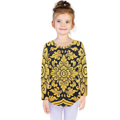 Flower Pattern In Traditional Thai Style Art Painting On Window Of The Temple Kids  Long Sleeve Tee by Amaryn4rt