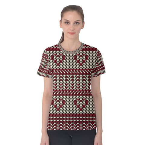 Stitched Seamless Pattern With Silhouette Of Heart Women s Cotton Tee by Amaryn4rt