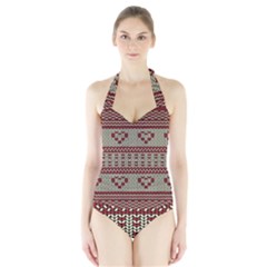 Stitched Seamless Pattern With Silhouette Of Heart Halter Swimsuit by Amaryn4rt