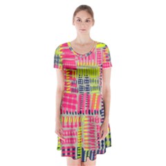 Abstract Pattern Short Sleeve V-neck Flare Dress