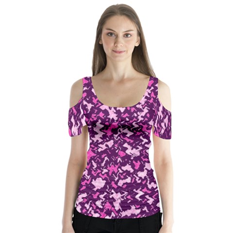 Chic Camouflage Colorful Background Butterfly Sleeve Cutout Tee  by Simbadda