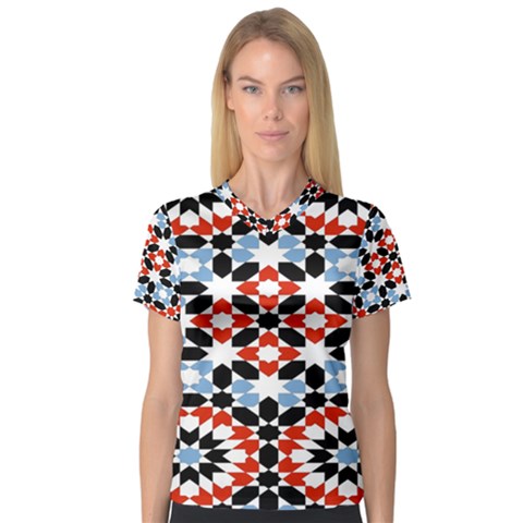 Morrocan Fez Pattern Arabic Geometrical Women s V-neck Sport Mesh Tee by Simbadda