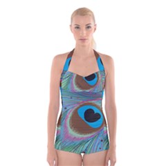 Peacock Feather Lines Background Boyleg Halter Swimsuit 