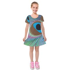 Peacock Feather Lines Background Kids  Short Sleeve Velvet Dress