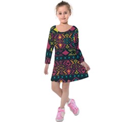 Traditional Art Ethnic Pattern Kids  Long Sleeve Velvet Dress