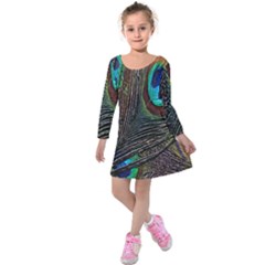 Peacock Feathers Kids  Long Sleeve Velvet Dress