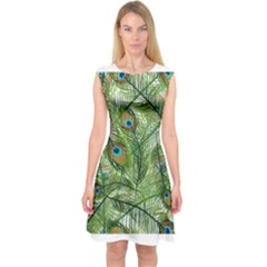 Peacock Feathers Pattern Capsleeve Midi Dress by Simbadda