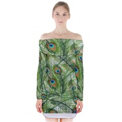 Peacock Feathers Pattern Long Sleeve Off Shoulder Dress