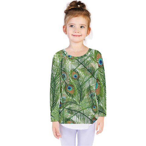 Peacock Feathers Pattern Kids  Long Sleeve Tee by Simbadda