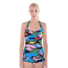 Rainbow Camouflage Boyleg Halter Swimsuit  by boho