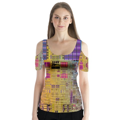 Circuit Board Pattern Lynnfield Die Butterfly Sleeve Cutout Tee  by Simbadda