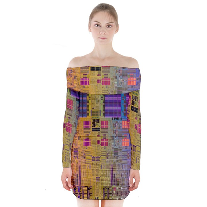 Circuit Board Pattern Lynnfield Die Long Sleeve Off Shoulder Dress