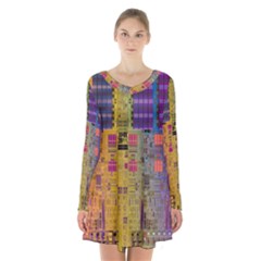 Circuit Board Pattern Lynnfield Die Long Sleeve Velvet V-neck Dress by Simbadda