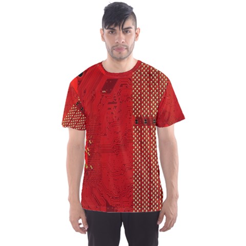 Computer Texture Red Motherboard Circuit Men s Sport Mesh Tee by Simbadda