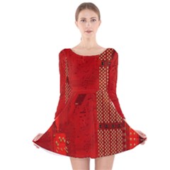 Computer Texture Red Motherboard Circuit Long Sleeve Velvet Skater Dress by Simbadda