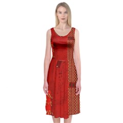 Computer Texture Red Motherboard Circuit Midi Sleeveless Dress by Simbadda