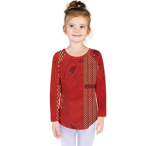 Computer Texture Red Motherboard Circuit Kids  Long Sleeve Tee by Simbadda