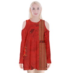 Computer Texture Red Motherboard Circuit Velvet Long Sleeve Shoulder Cutout Dress by Simbadda