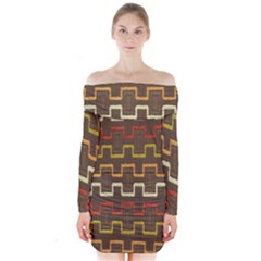 Fabric Texture Vintage Retro 70s Zig Zag Pattern Long Sleeve Off Shoulder Dress by Simbadda