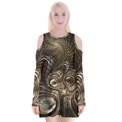 Fractal Art Texture Neuron Chaos Fracture Broken Synapse Velvet Long Sleeve Shoulder Cutout Dress by Simbadda