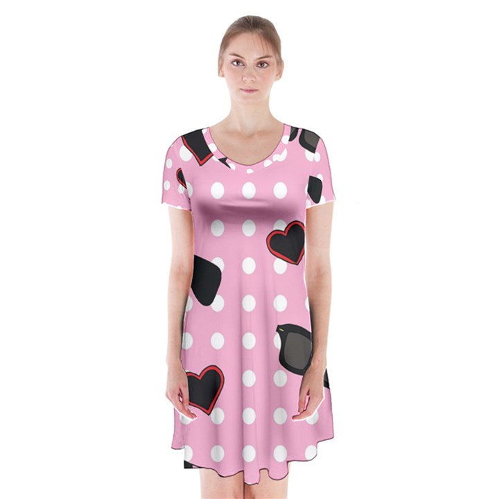 Pisunglass Tech Pink Pattern Short Sleeve V-neck Flare Dress