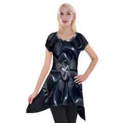 Fractal Disk Texture Black White Spiral Circle Abstract Tech Technologic Short Sleeve Side Drop Tunic