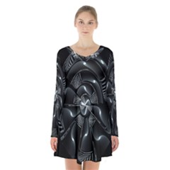 Fractal Disk Texture Black White Spiral Circle Abstract Tech Technologic Long Sleeve Velvet V-neck Dress by Simbadda