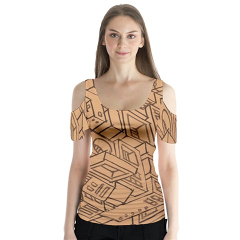 Mechanical Tech Pattern Butterfly Sleeve Cutout Tee  by Simbadda