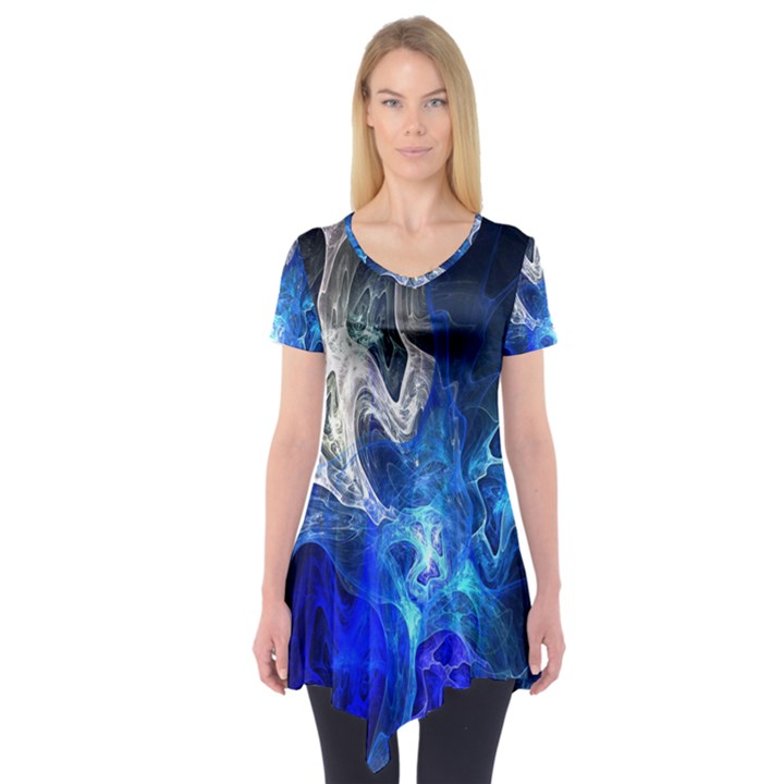 Ghost Fractal Texture Skull Ghostly White Blue Light Abstract Short Sleeve Tunic 