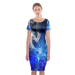 Ghost Fractal Texture Skull Ghostly White Blue Light Abstract Classic Short Sleeve Midi Dress by Simbadda