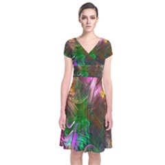 Fractal Texture Abstract Messy Light Color Swirl Bright Short Sleeve Front Wrap Dress by Simbadda