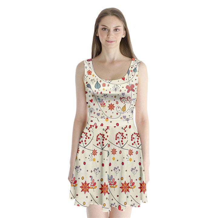 Spring Floral Pattern With Butterflies Split Back Mini Dress 