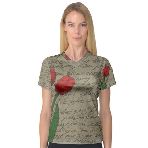 Vintage Tulips Women s V-neck Sport Mesh Tee by Valentinaart