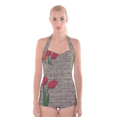 Vintage Tulips Boyleg Halter Swimsuit  by Valentinaart