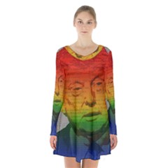 Rainbow Trump  Long Sleeve Velvet V-neck Dress by Valentinaart