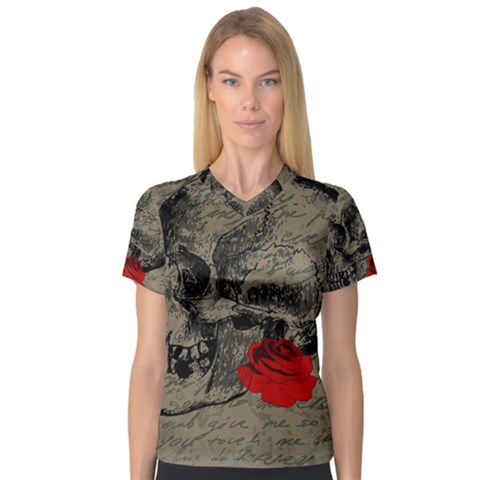 Skull And Rose  Women s V-neck Sport Mesh Tee by Valentinaart