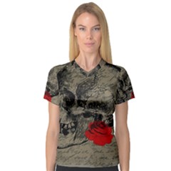 Skull And Rose  Women s V-neck Sport Mesh Tee