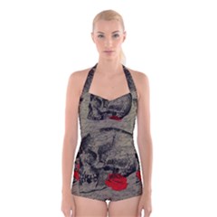 Skull And Rose  Boyleg Halter Swimsuit 